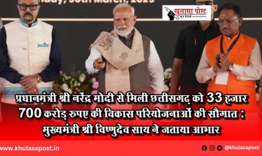 प्रधानमंत्री श्री नरेंद्र मोदी से मिली छत्तीसगढ़ को 33 हजार 700 करोड़ रुपए की विकास परियोजनाओं की सौगात : मुख्यमंत्री श्री विष्णुदेव साय ने जताया आभार