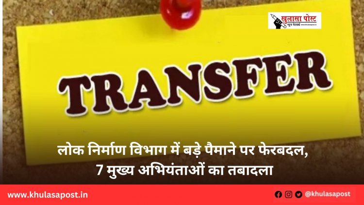 लोक निर्माण विभाग में बड़े पैमाने पर फेरबदल, 7 मुख्य अभियंताओं का तबादला