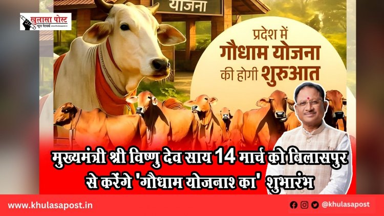 मुख्यमंत्री श्री विष्णु देव साय 14 मार्च को बिलासपुर से करेंगे 'गौधाम योजना' का शुभारंभ
